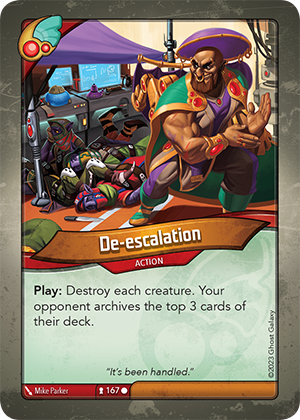 De-escalation, a KeyForge card illustrated by Mike Parker