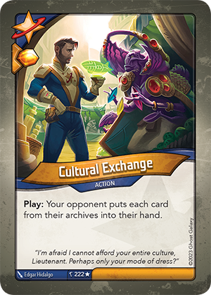 Cultural Exchange, a KeyForge card illustrated by Edgar Hidalgo