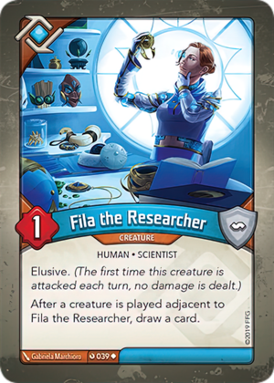 Fila the Researcher, a KeyForge card illustrated by Gabriela Marchioro