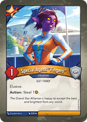 Special Agent “Fingers”, a KeyForge card illustrated by Brandon Hunt