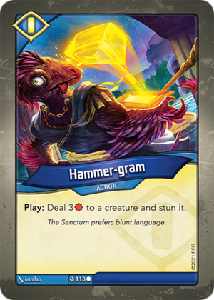 Hammer-gram, a KeyForge card illustrated by Ivan Tao