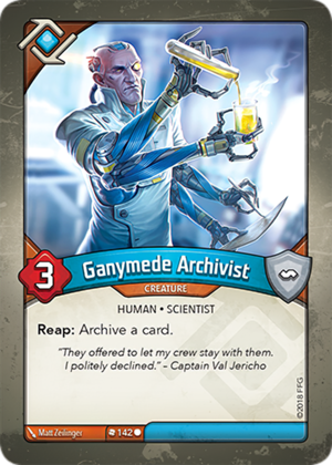 Ganymede Archivist, a KeyForge card illustrated by Matt Zeilinger