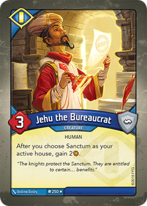 Jehu the Bureaucrat, a KeyForge card illustrated by Andrew Bosley