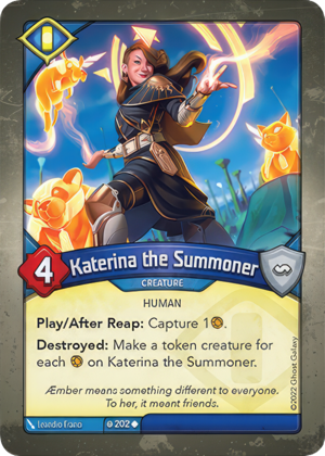 Katerina the Summoner, a KeyForge card illustrated by Leandro Franci