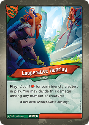 Cooperative Hunting, a KeyForge card illustrated by Sasha Tudvaseva