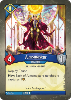 Almsmaster, a KeyForge card illustrated by Ivan Tao
