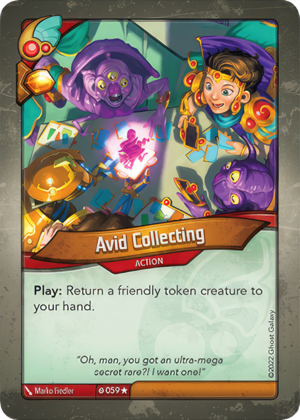 Avid Collecting, a KeyForge card illustrated by Marko Fiedler