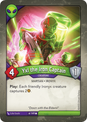 Yxl the Iron Captain, a KeyForge card illustrated by Colin Searle