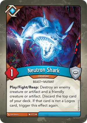Neutron Shark, a KeyForge card illustrated by Jon Bosco