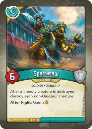 Spartasaur, a KeyForge card illustrated by Michele Giorgi