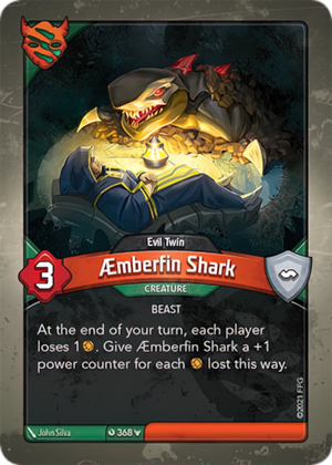 Æmberfin Shark (Evil Twin), a KeyForge card illustrated by John Silva