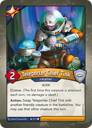 Teleporter Chief Tink, a KeyForge card illustrated by Gabriel Scavariello