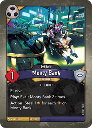 Monty Bank (Evil Twin), a KeyForge card illustrated by Marko Fiedler