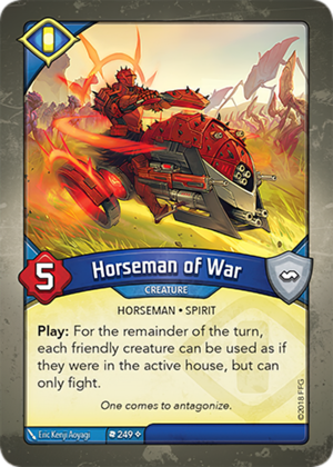 Horseman of War, a KeyForge card illustrated by Eric Kenji Aoyagi