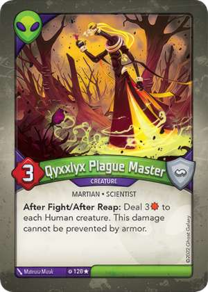 Qyxxlyx Plague Master, a KeyForge card illustrated by Matthew Mizak