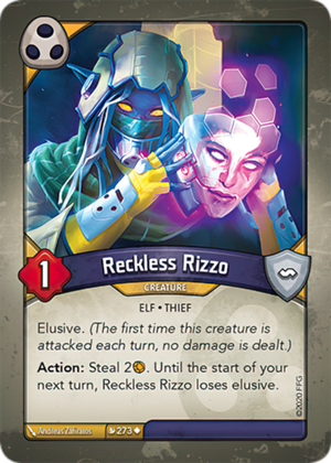 Reckless Rizzo, a KeyForge card illustrated by Andreas Zafiratos
