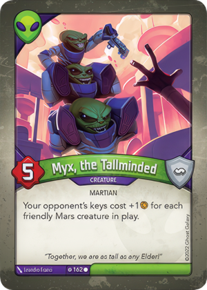 Myx, the Tallminded, a KeyForge card illustrated by Leandro Franci