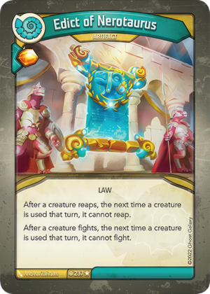Edict of Nerotaurus, a KeyForge card illustrated by Andreas Zafiratos