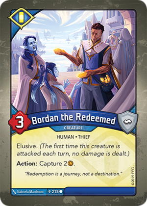 Bordan the Redeemed, a KeyForge card illustrated by Gabriela Marchioro
