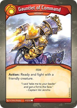 Gauntlet of Command, a KeyForge card illustrated by Eric Kenji Aoyagi