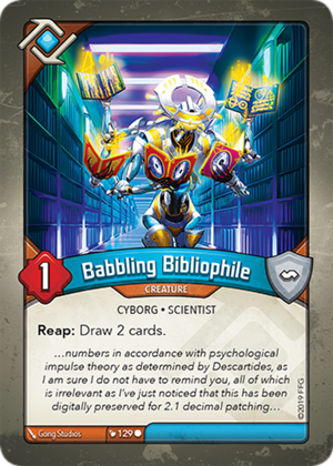Babbling Bibliophile, a KeyForge card illustrated by Gong Studios