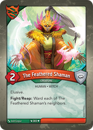 The Feathered Shaman, a KeyForge card illustrated by Josh Corpuz