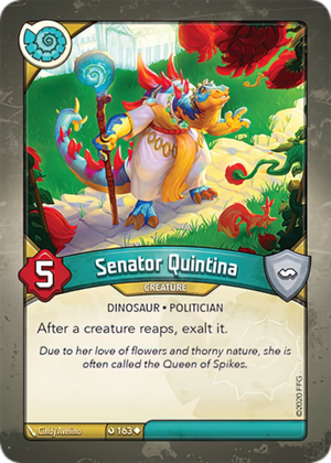 Senator Quintina, a KeyForge card illustrated by Cindy Avelino