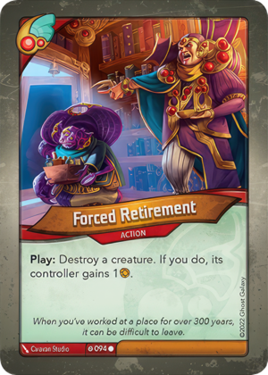 Forced Retirement, a KeyForge card illustrated by Caravan Studio