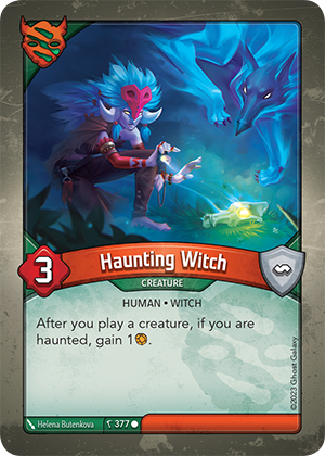 Haunting Witch, a KeyForge card illustrated by Helena Butenkova