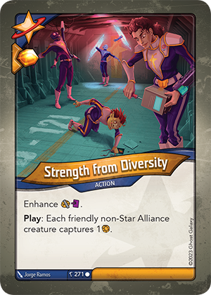 Strength from Diversity, a KeyForge card illustrated by Jorge Ramos