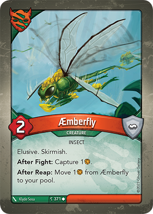 Æmberfly, a KeyForge card illustrated by Klyde Sosa