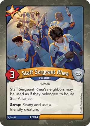 Staff Sergeant Rhea, a KeyForge card illustrated by Leo Sá