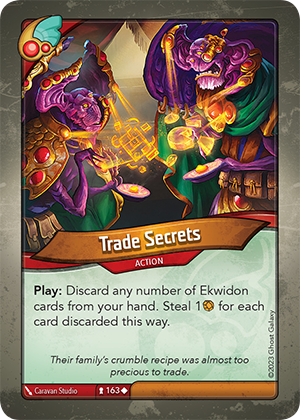 Trade Secrets, a KeyForge card illustrated by Caravan Studio