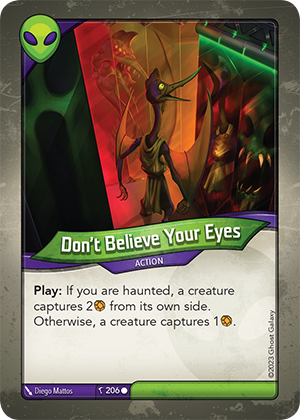 Don’t Believe Your Eyes, a KeyForge card illustrated by Diego Mattos