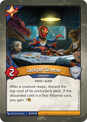 Jackpot Greene, a KeyForge card illustrated by Krxix