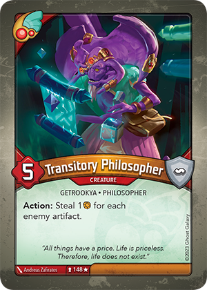 Transitory Philosopher, a KeyForge card illustrated by Andreas Zafiratos