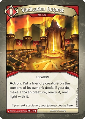 Vindication Outpost, a KeyForge card illustrated by Michael Angelo Dulay