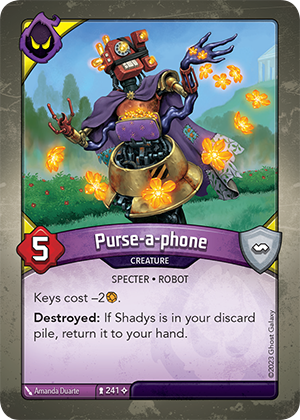Purse-a-phone, a KeyForge card illustrated by Amanda Duarte