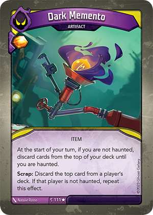 Dark Memento, a KeyForge card illustrated by Natalie Russo
