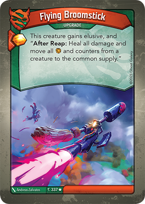Flying Broomstick, a KeyForge card illustrated by Andreas Zafiratos