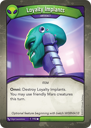 Loyalty Implants, a KeyForge card illustrated by Filipe Laurentino