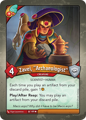 Zavel, “Archaeologist”, a KeyForge card illustrated by Filipe Laurentino