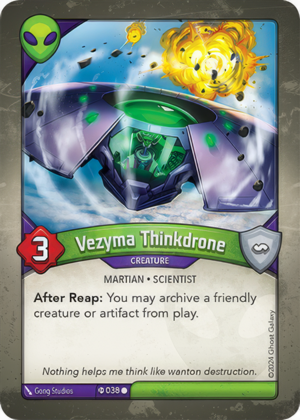 Vezyma Thinkdrone (Elders), a KeyForge card illustrated by Gong Studios