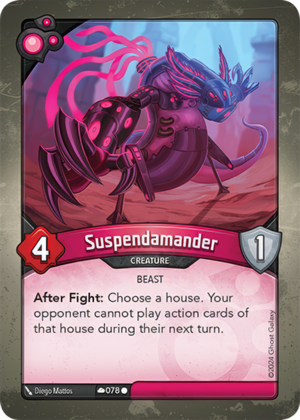 Suspendamander, a KeyForge card illustrated by Diego Mattos