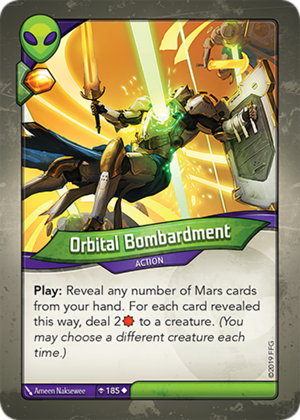 Orbital Bombardment, a KeyForge card illustrated by Ameen Naksewee