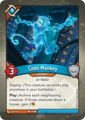 Code Monkey, a KeyForge card illustrated by Fábio Perez