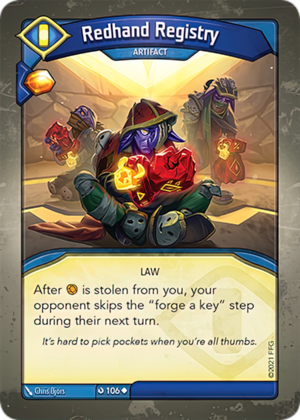 Redhand Registry, a KeyForge card illustrated by Chris Bjors