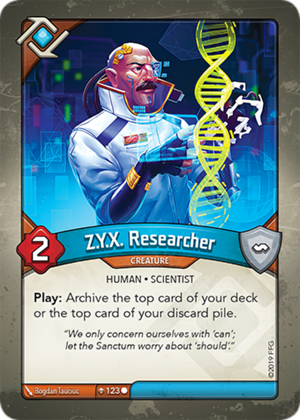 Z.Y.X. Researcher, a KeyForge card illustrated by Bogdan Tauciuc