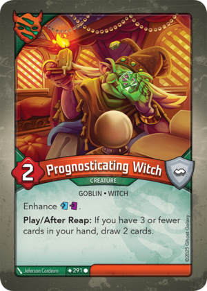 Prognosticating Witch, a KeyForge card illustrated by Jeferson Cordeiro
