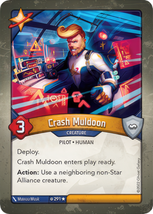 Crash Muldoon, a KeyForge card illustrated by Matthew Mizak